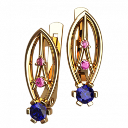 Золоті сережки з рожевими та синіми фіанітами 4537