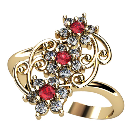 Золота каблучка з візерунками і квітами з фіанітів 2424