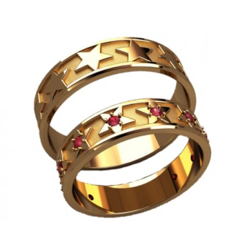 Золотые обручальные кольца со звездами и круглыми камнями 20034
