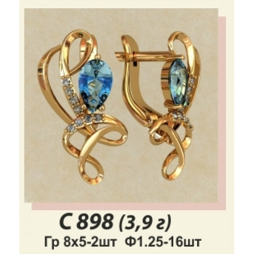 Золотые ажурные сережки с голубыми камнями С-898