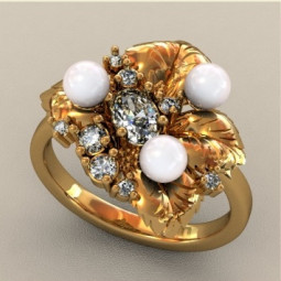 Женское кольцо в форме листьев с жемчугом и фианитами К1714