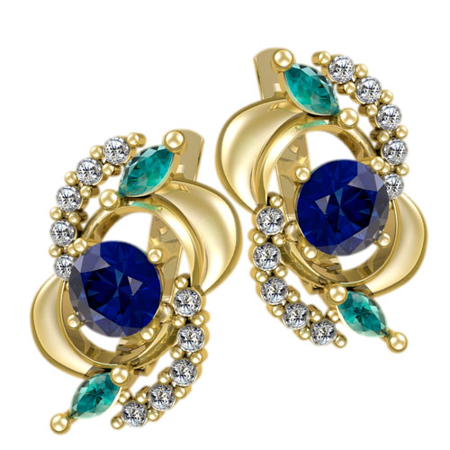 Женские серьги из желтого золота с разноцветными камнями 4268